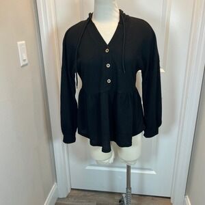 Womens Black Waffle Knit Hoodie Peplum Button Up Casual Top Medium